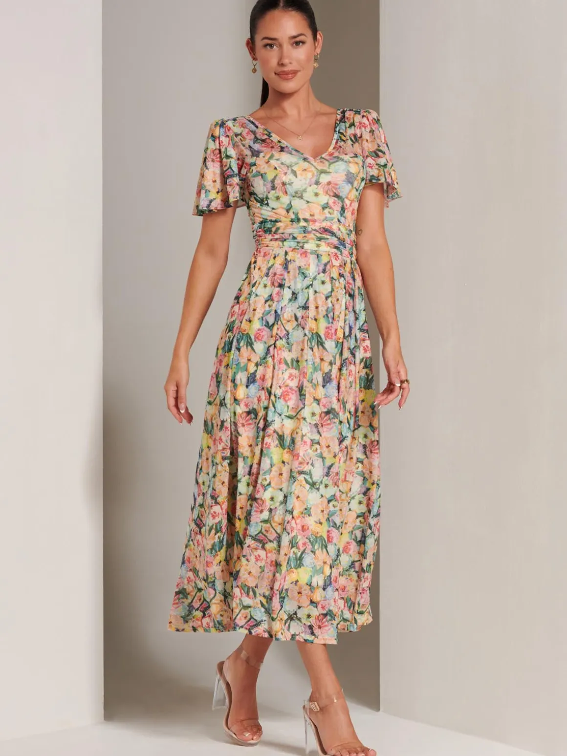 Bianca V-Neck Pleated Mesh Maxi Dress, Yellow Floral