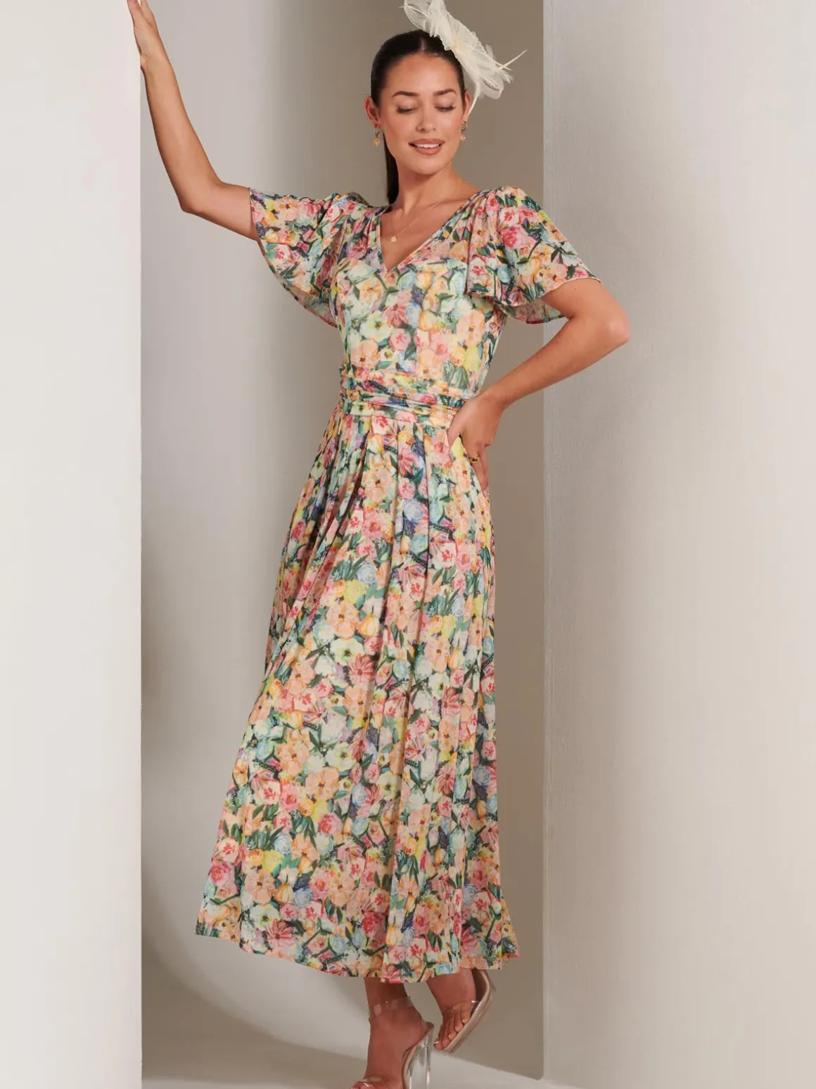 Bianca V-Neck Pleated Mesh Maxi Dress, Yellow Floral