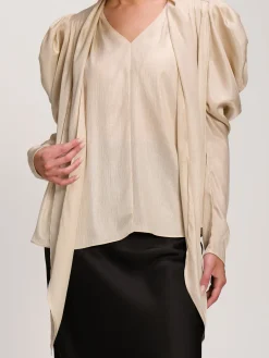 Bow Neck Puff Sleeve Satin Blouse, Champagne
