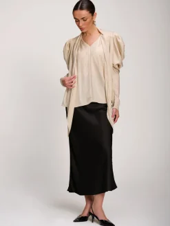 Bow Neck Puff Sleeve Satin Blouse, Champagne