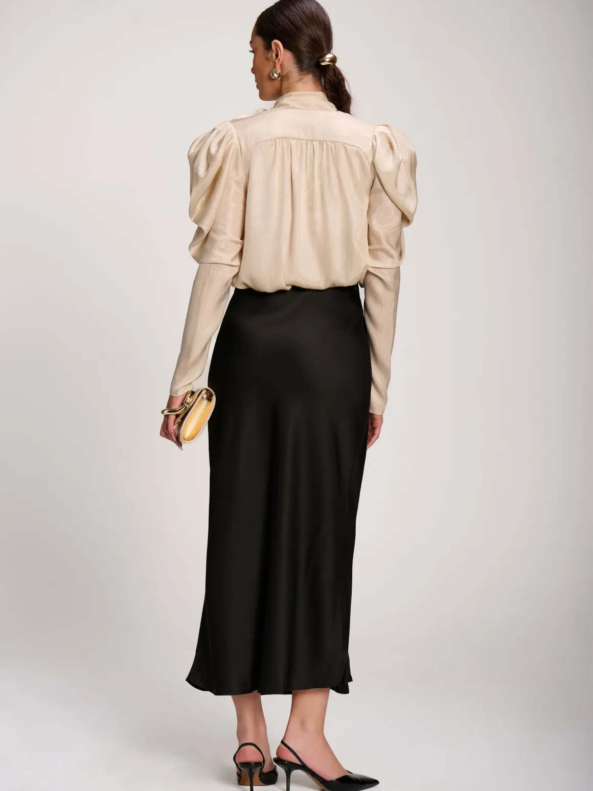 Bow Neck Puff Sleeve Satin Blouse, Champagne