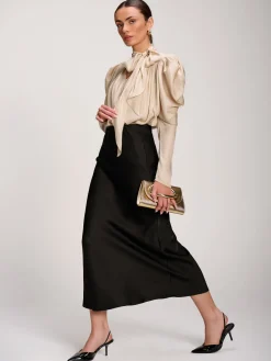 Bow Neck Puff Sleeve Satin Blouse, Champagne