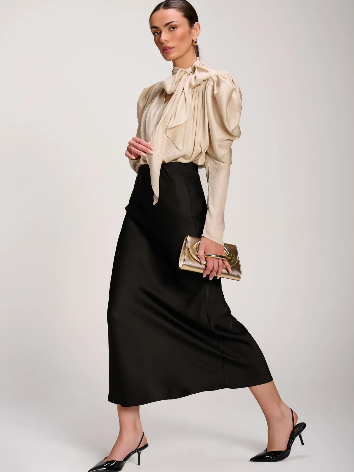 Bow Neck Puff Sleeve Satin Blouse, Champagne