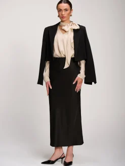 Bow Neck Puff Sleeve Satin Blouse, Champagne