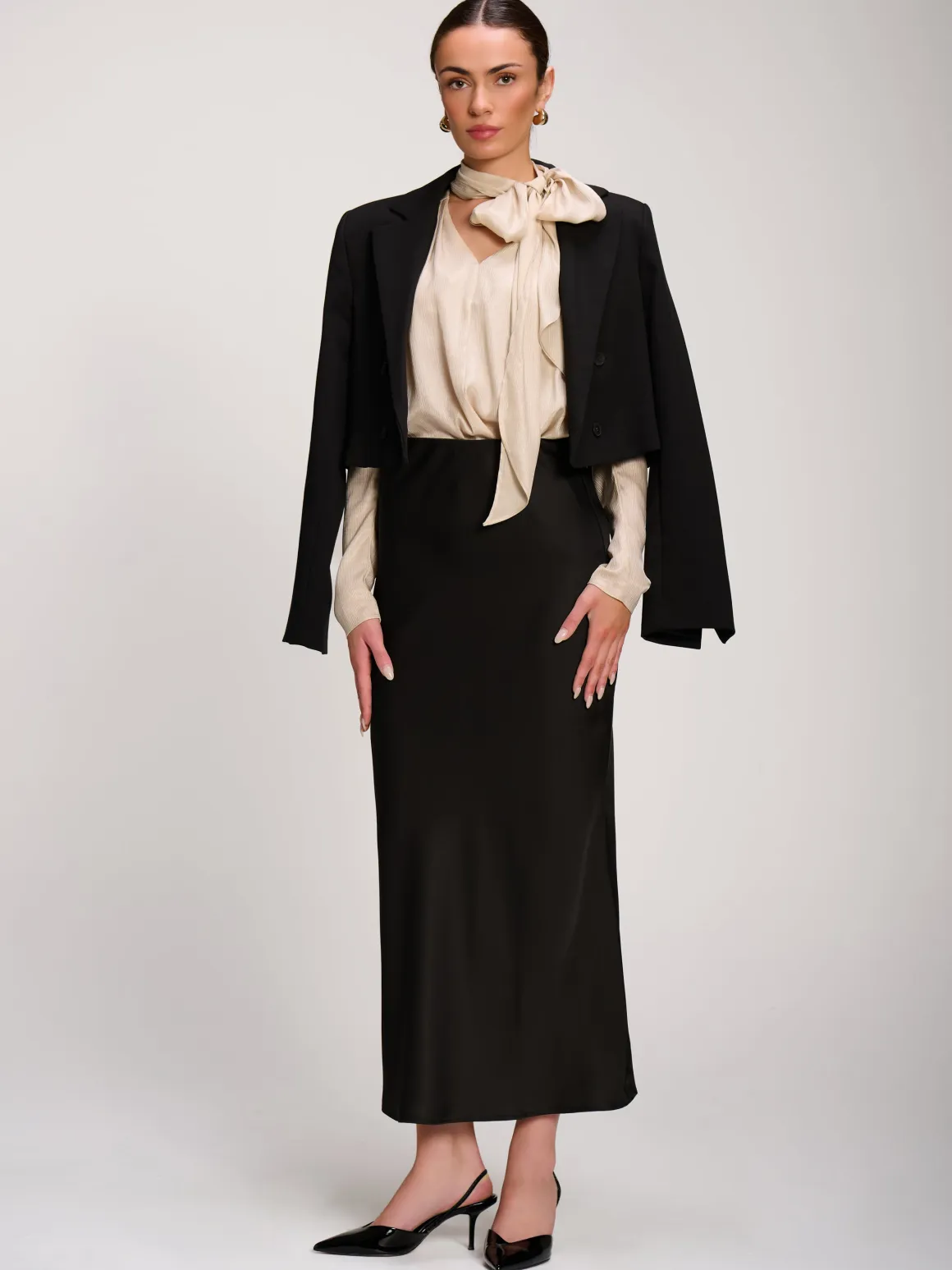 Bow Neck Puff Sleeve Satin Blouse, Champagne