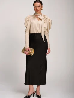 Bow Neck Puff Sleeve Satin Blouse, Champagne