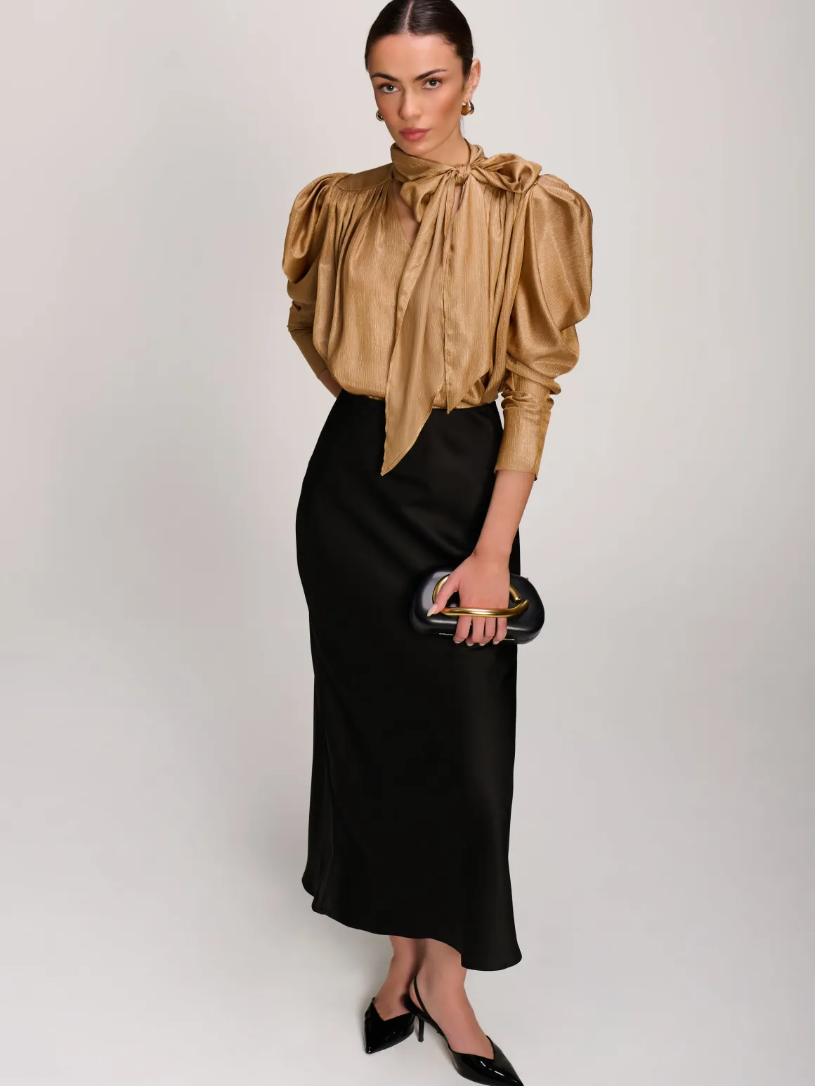 Bow Neck Puff Sleeve Satin Blouse, Golden Mocha