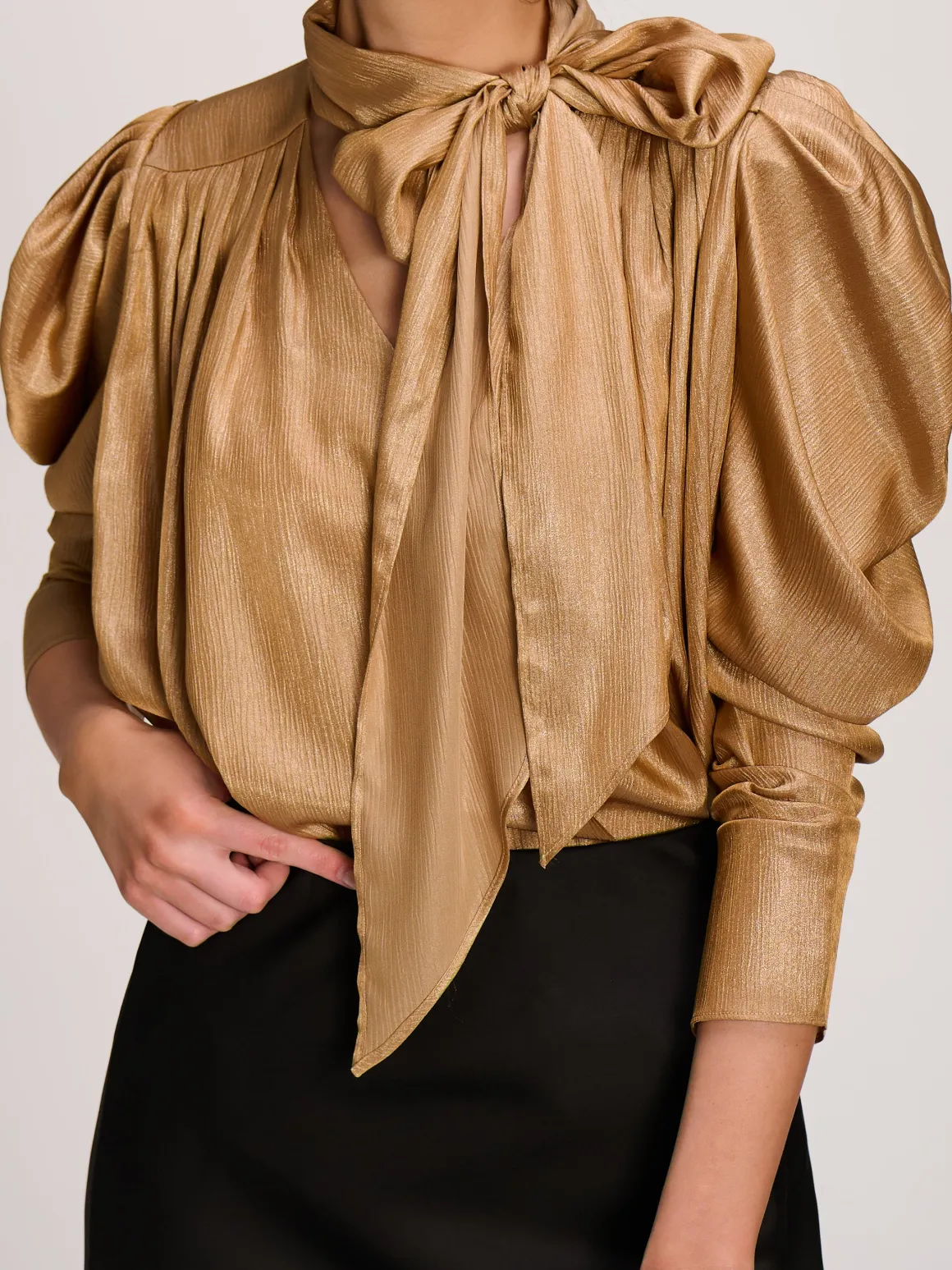 Bow Neck Puff Sleeve Satin Blouse, Golden Mocha