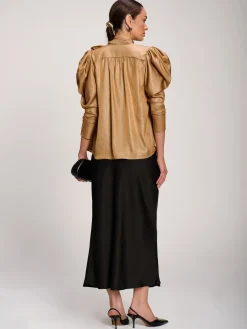Bow Neck Puff Sleeve Satin Blouse, Golden Mocha