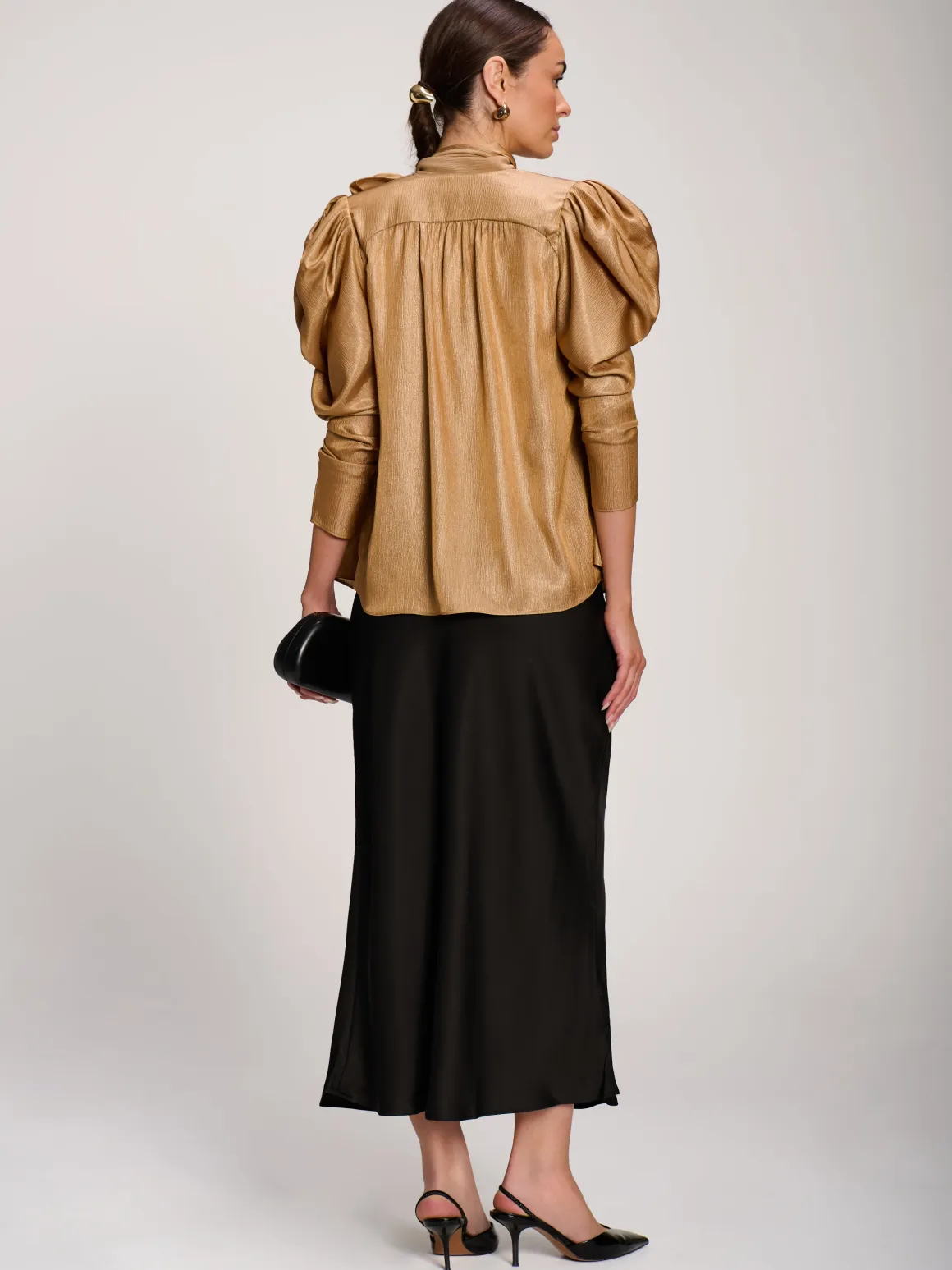 Bow Neck Puff Sleeve Satin Blouse, Golden Mocha