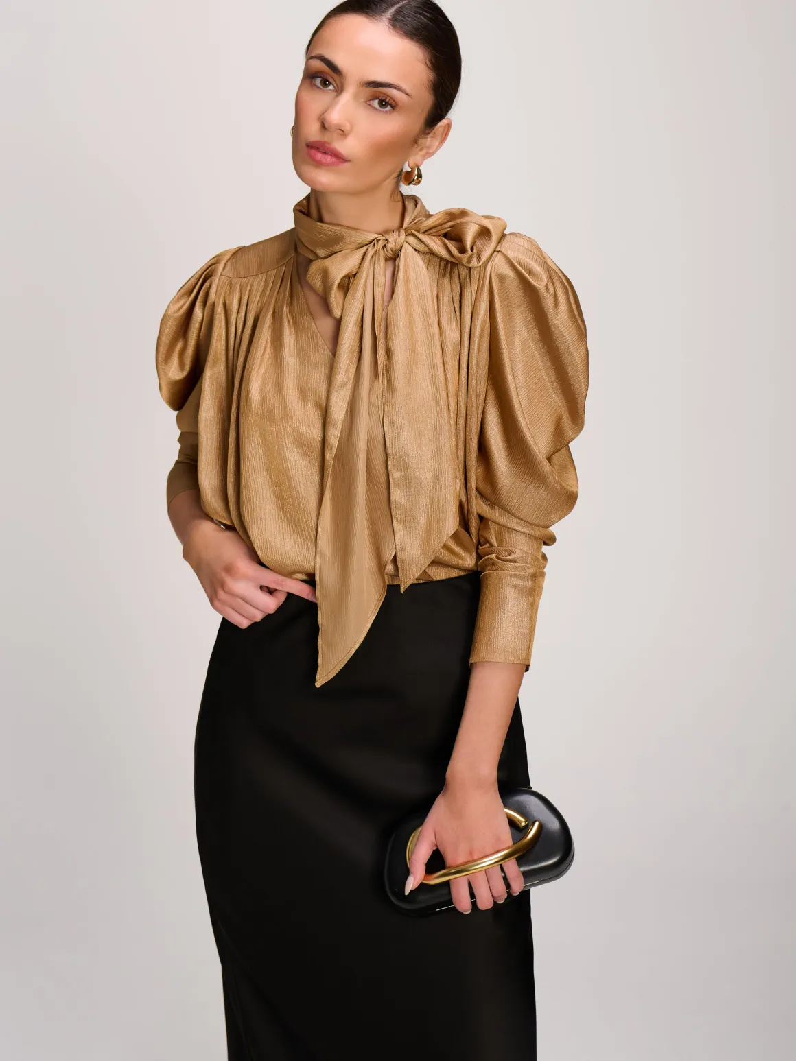 Bow Neck Puff Sleeve Satin Blouse, Golden Mocha