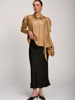 Bow Neck Puff Sleeve Satin Blouse, Golden Mocha