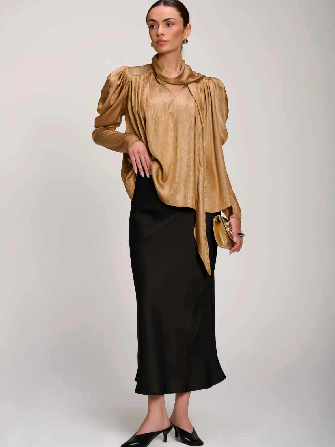 Bow Neck Puff Sleeve Satin Blouse, Golden Mocha