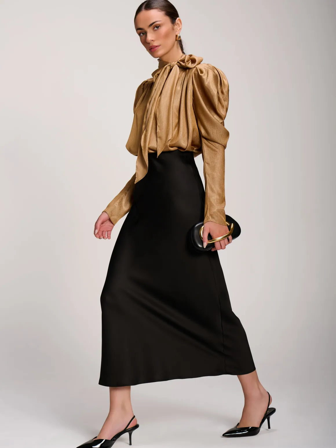 Bow Neck Puff Sleeve Satin Blouse, Golden Mocha