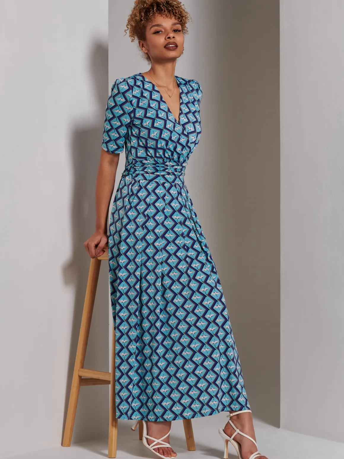 Bree Half Sleeve Jersey Maxi Dress, Blue Geo
