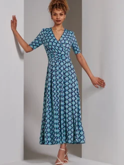 Bree Half Sleeve Jersey Maxi Dress, Blue Geo