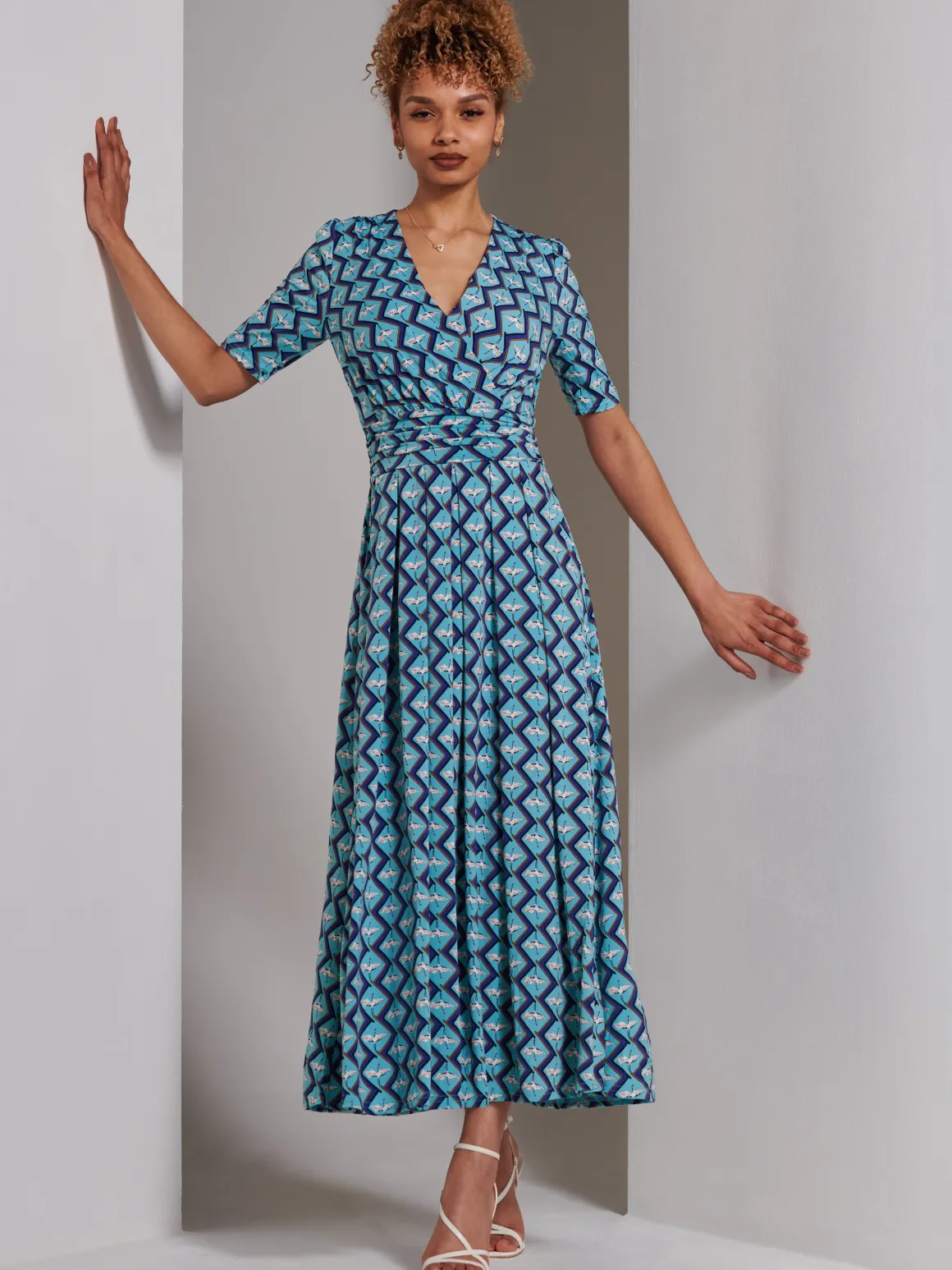 Bree Half Sleeve Jersey Maxi Dress, Blue Geo