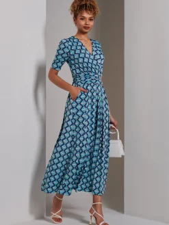 Bree Half Sleeve Jersey Maxi Dress, Blue Geo