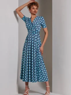 Bree Half Sleeve Jersey Maxi Dress, Blue Geo