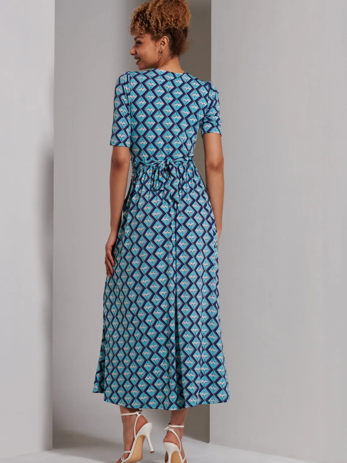 Bree Half Sleeve Jersey Maxi Dress, Blue Geo