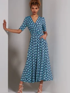 Bree Half Sleeve Jersey Maxi Dress, Blue Geo