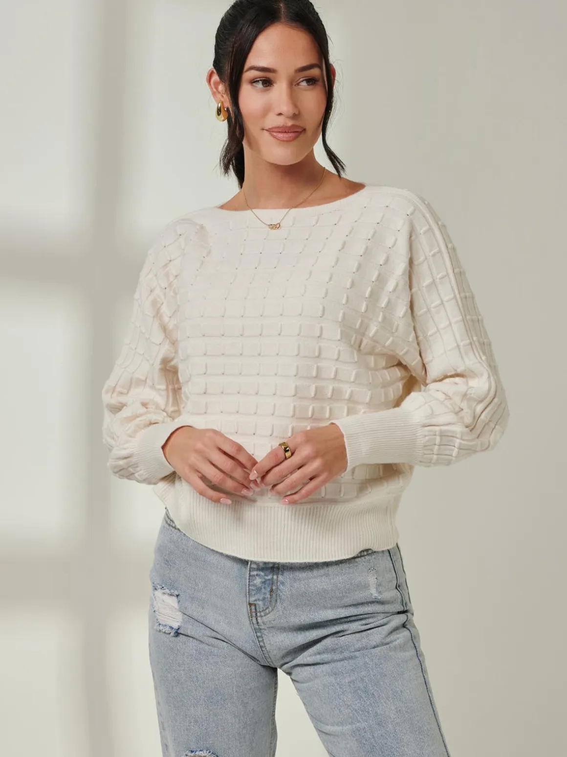 Bubble Stitch Batwing Knit Jumper, Oatmeal