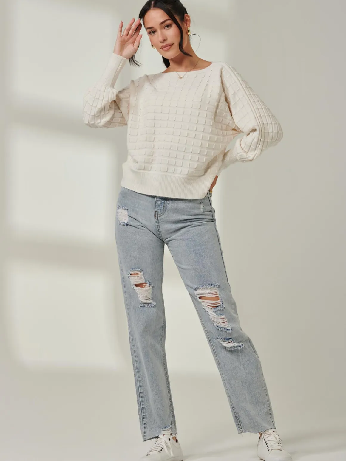Bubble Stitch Batwing Knit Jumper, Oatmeal
