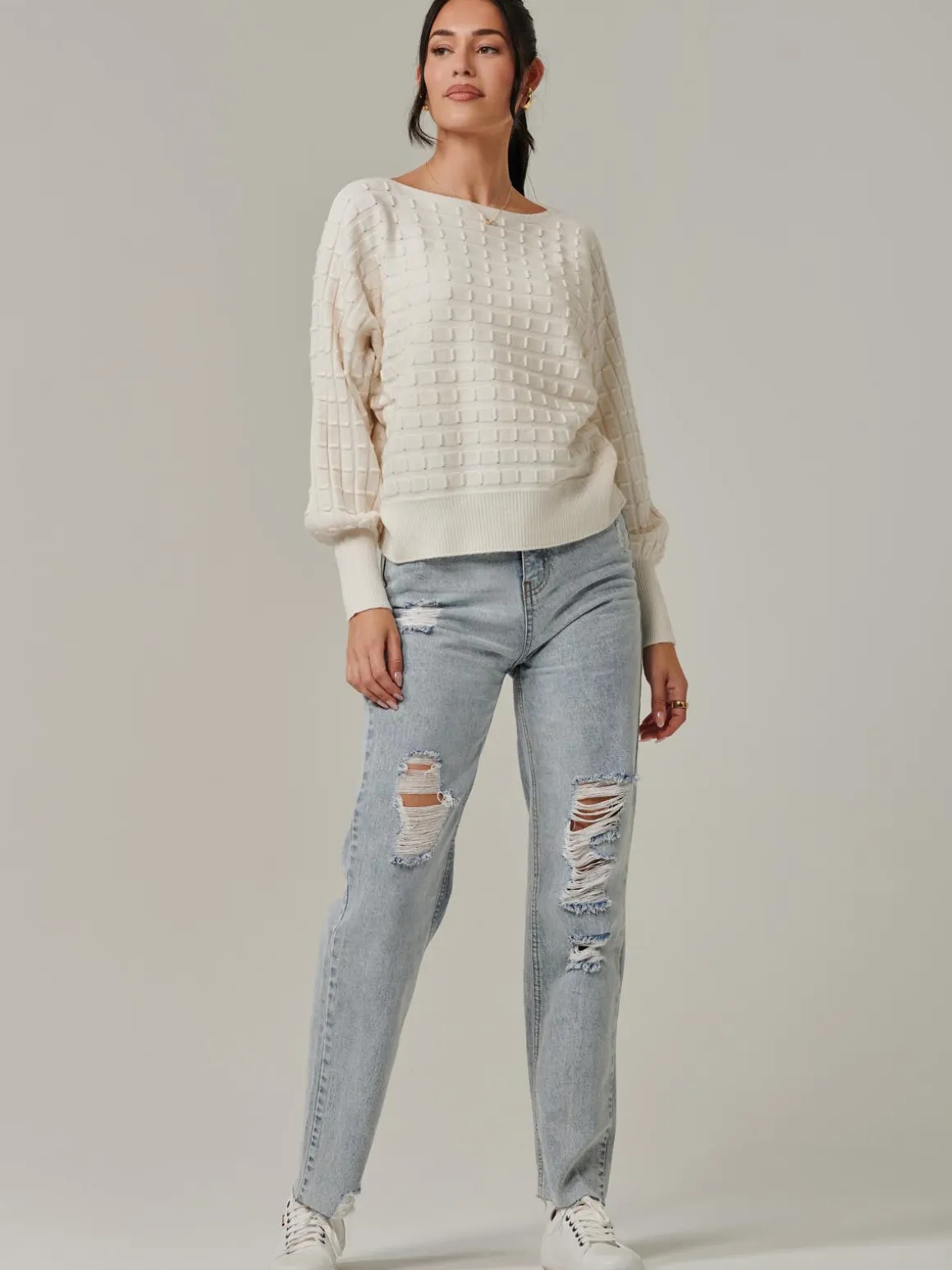 Bubble Stitch Batwing Knit Jumper, Oatmeal