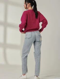 Bubble Stitch Batwing Knit Jumper, Raspberry