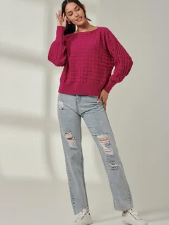 Bubble Stitch Batwing Knit Jumper, Raspberry