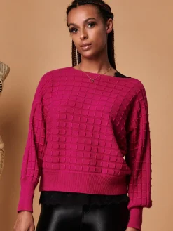 Bubble Stitch Batwing Knit Jumper, Raspberry