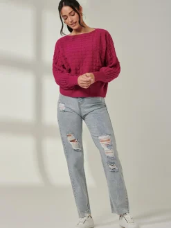 Bubble Stitch Batwing Knit Jumper, Raspberry