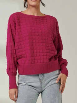 Bubble Stitch Batwing Knit Jumper, Raspberry