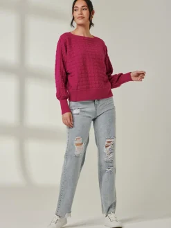 Bubble Stitch Batwing Knit Jumper, Raspberry