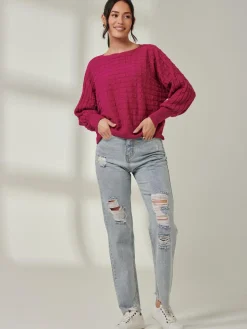 Bubble Stitch Batwing Knit Jumper, Raspberry