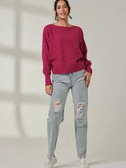 Bubble Stitch Batwing Knit Jumper, Raspberry