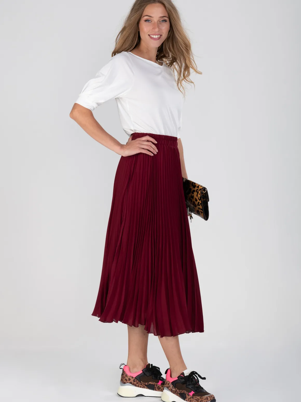 Burgundy Pleated Full Circle Midi Skirt