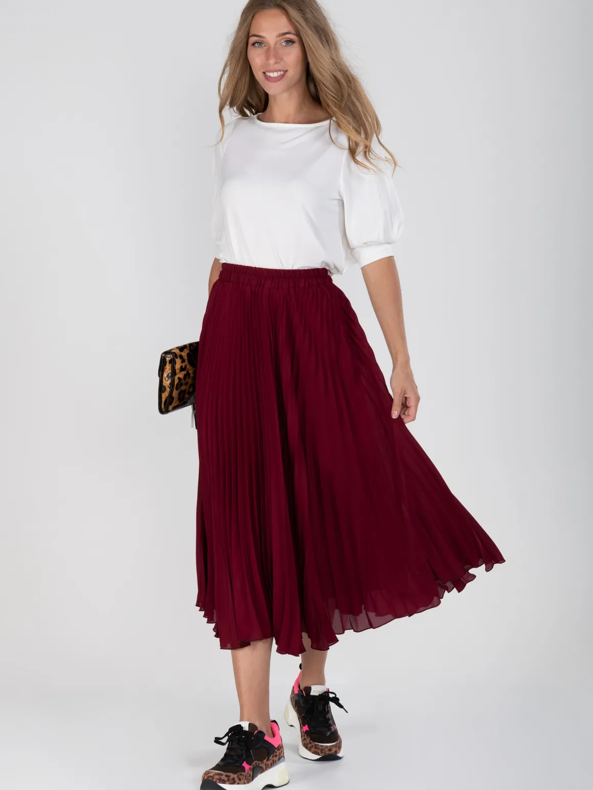 Burgundy Pleated Full Circle Midi Skirt