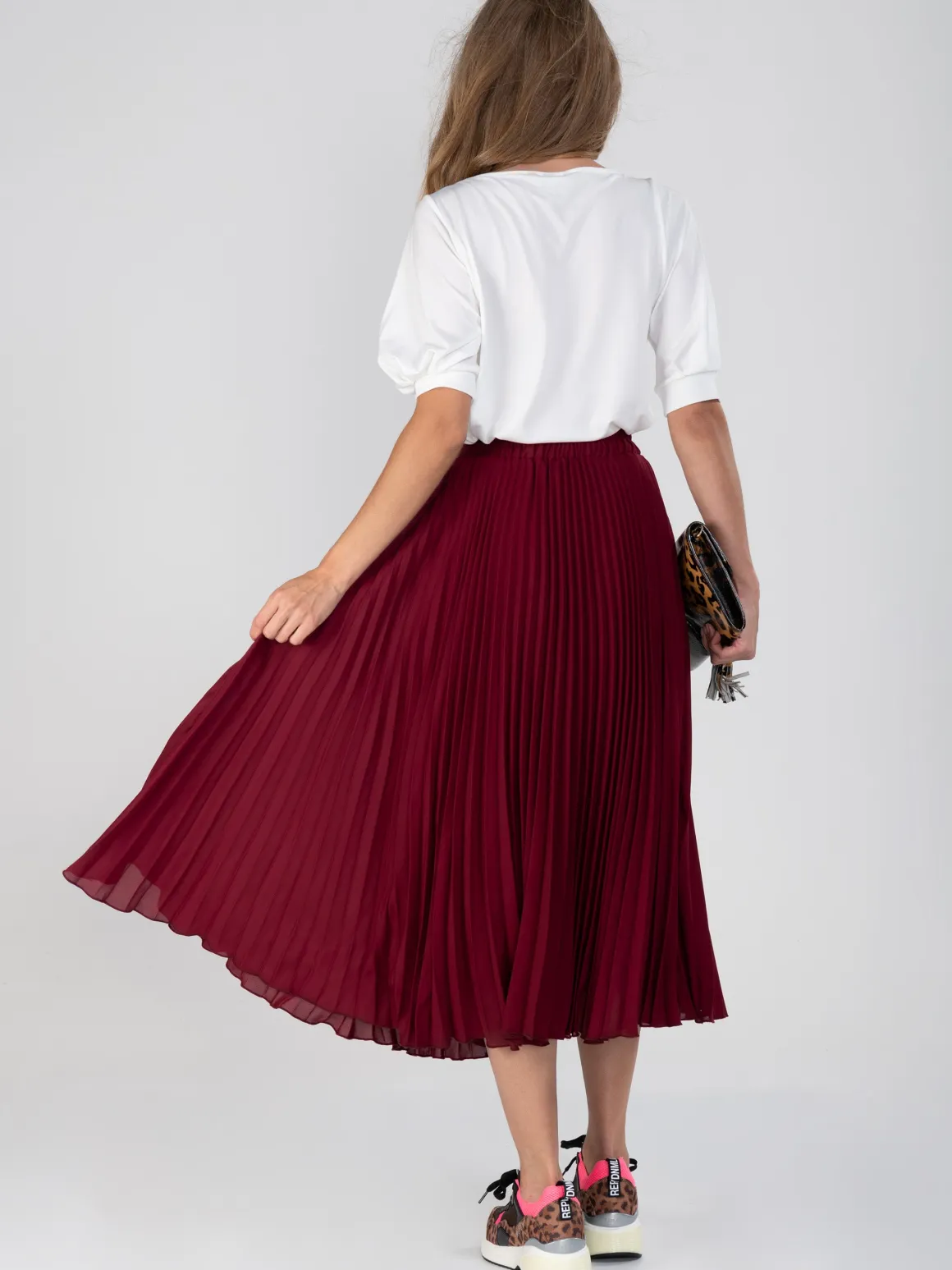 Burgundy Pleated Full Circle Midi Skirt