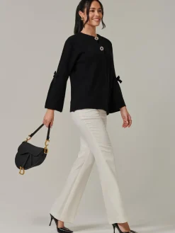 Button Bow Sleeve Knit Cardigan, Black