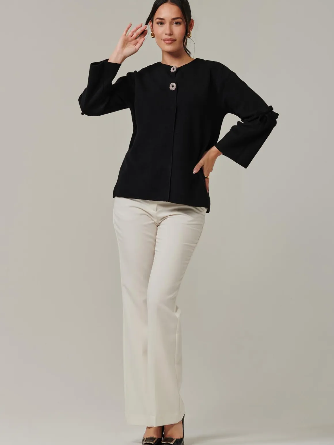 Button Bow Sleeve Knit Cardigan, Black