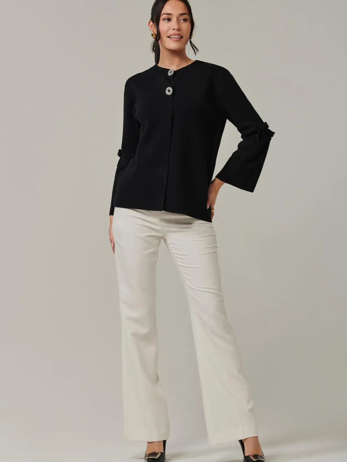 Button Bow Sleeve Knit Cardigan, Black