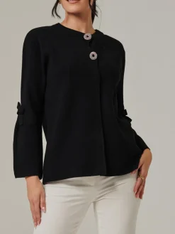 Button Bow Sleeve Knit Cardigan, Black