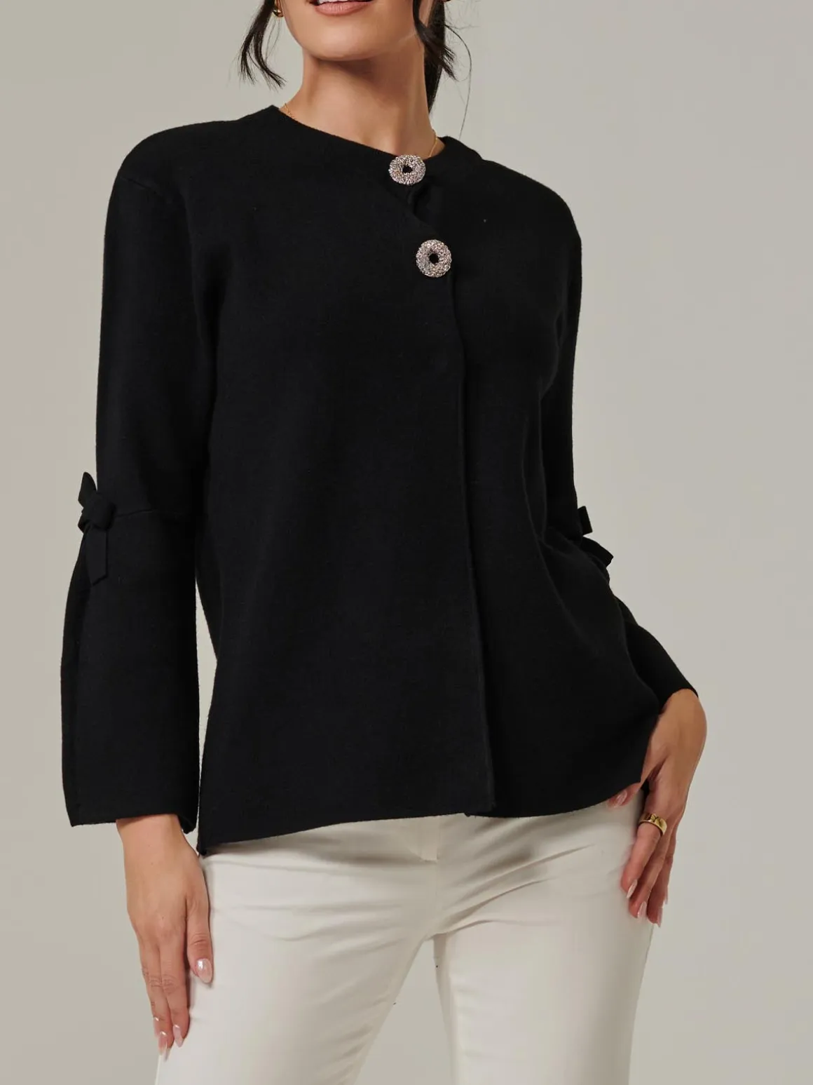 Button Bow Sleeve Knit Cardigan, Black