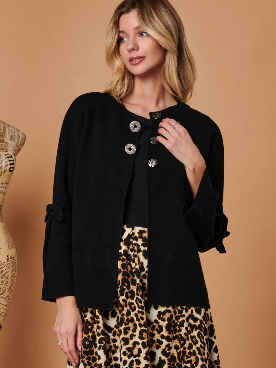 Button Bow Sleeve Knit Cardigan, Black