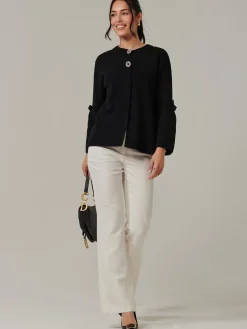 Button Bow Sleeve Knit Cardigan, Black