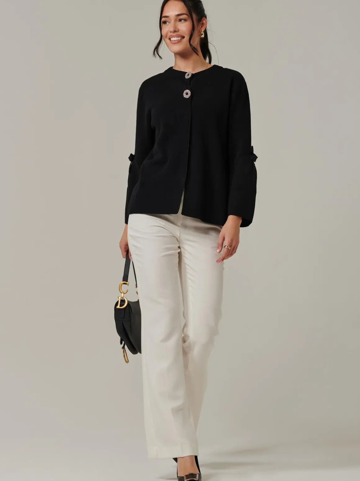 Button Bow Sleeve Knit Cardigan, Black