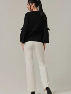 Button Bow Sleeve Knit Cardigan, Black