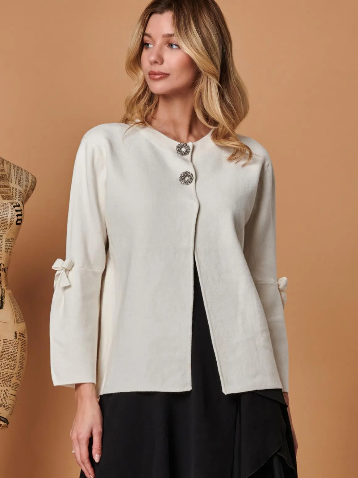 Button Bow Sleeve Knit Cardigan, Oatmeal