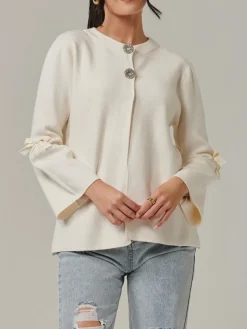Button Bow Sleeve Knit Cardigan, Oatmeal